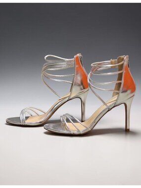 Strappy Metallic Silver High Heel Sandals With Ankle Strap Closure - Womens